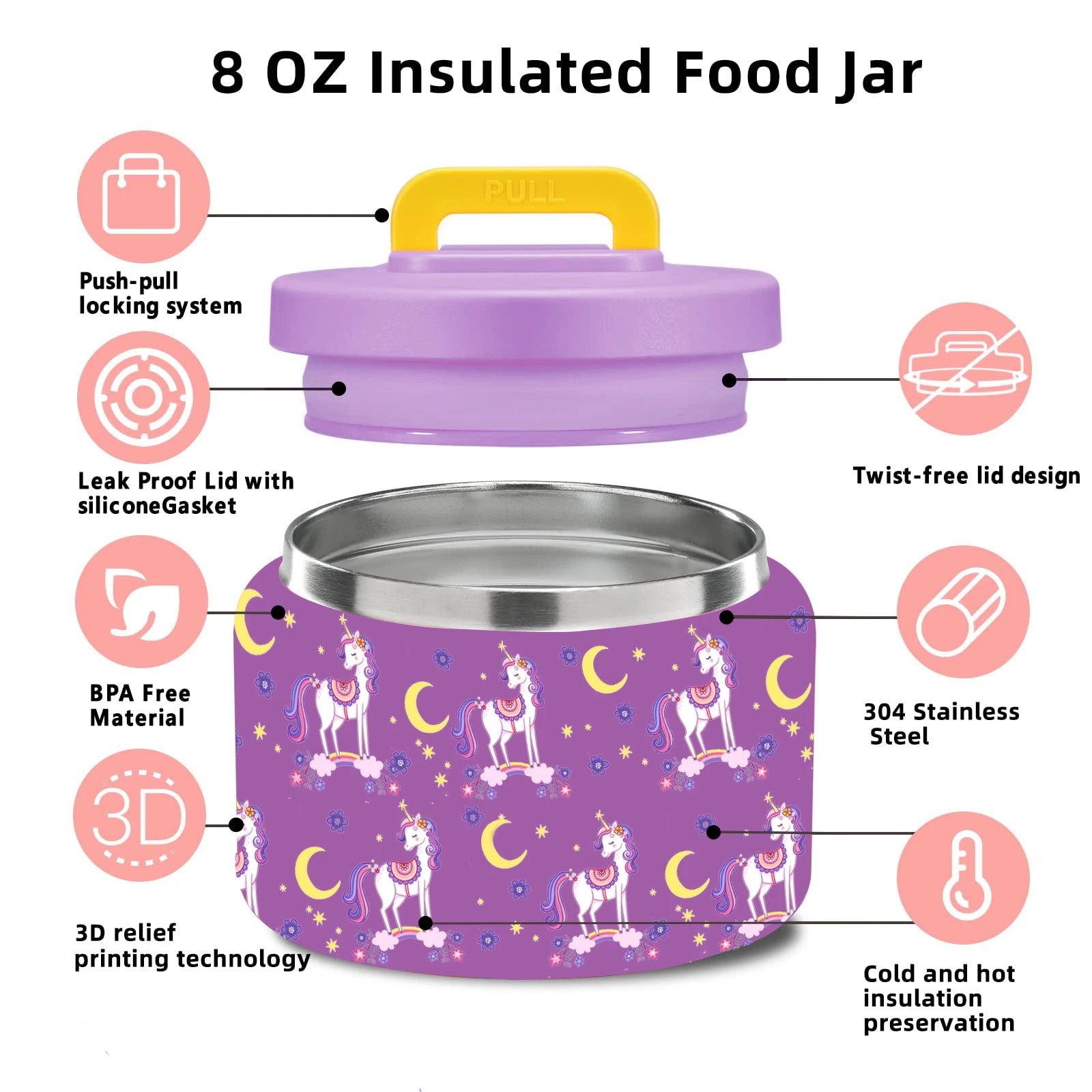 Boîte à déjeuner Bento pour enfants avec pot alimentaire isolé sous vide de 8oz, sac à déjeuner, sac de glace et fourchette et cuillère pliables, anti-fuite