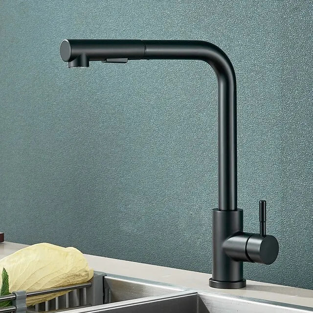 Évier de cuisine flexible à nervures noires, 2 modes, flux et buse de pulvérisateur, acier inoxydable, eau chaude et froide, pont de robinet de centre commercial