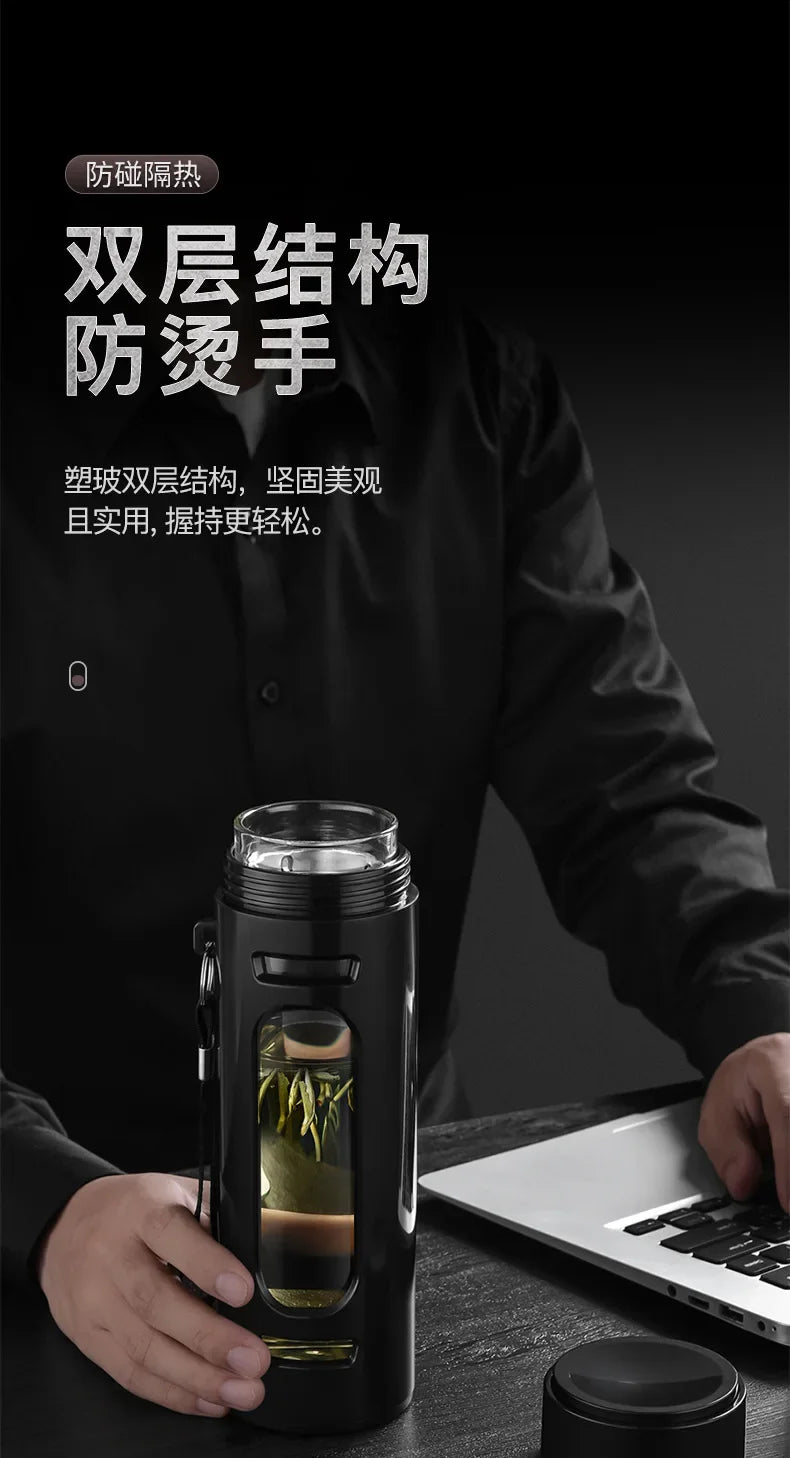 400, 600, 800, 1000ml glass bottle/cup with filter cord, plastic case, glass cup, water bottle, business gift, black/blue