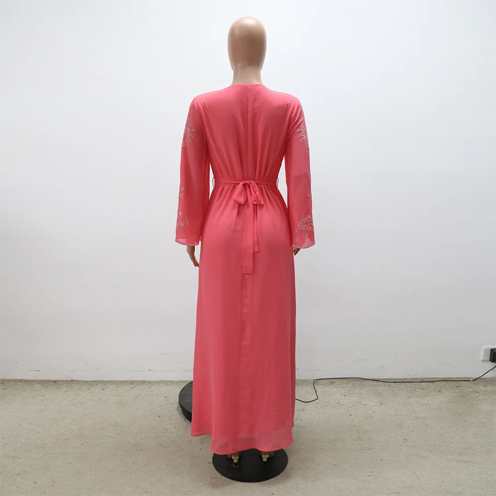 Eid Jalabiya - Women's Muslim Evening Dress, Diamond Lace-Up Arabic Abayas, Long Dresses, Elegant Dress, Educational Dress for Ramadan
