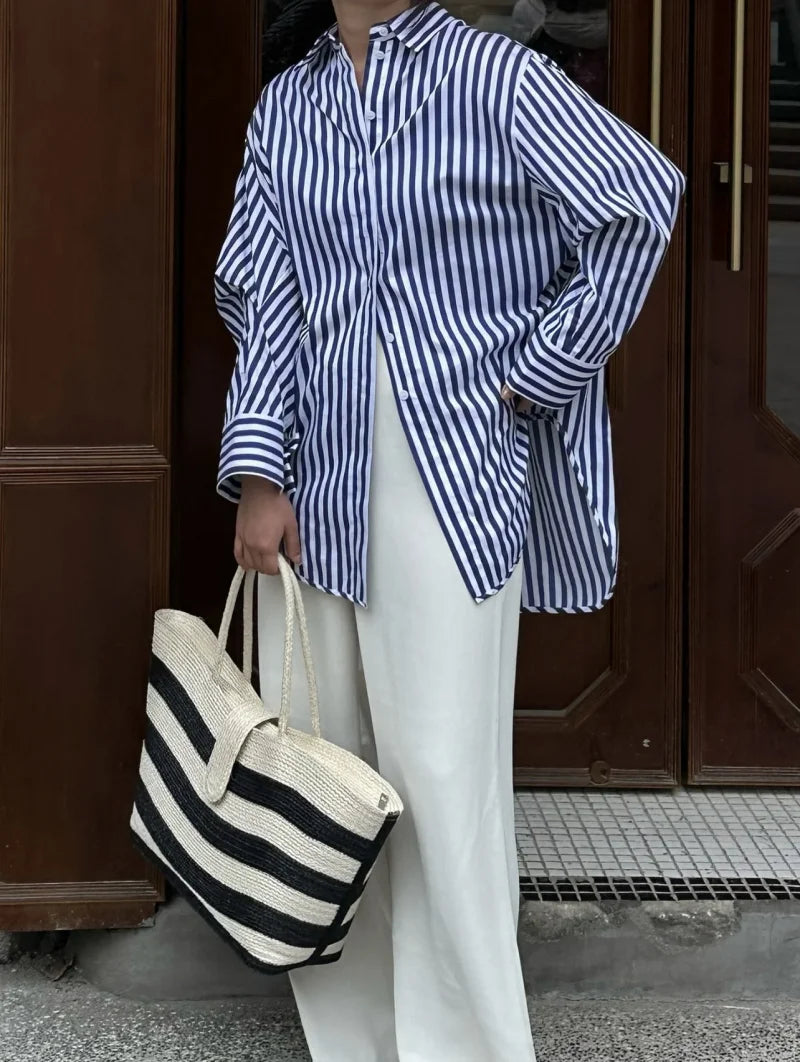 ETJ 2025 femmes printemps nouvelle mode européenne-américaine rayé à manches longues revers version ample popeline chemise sélection multicolore