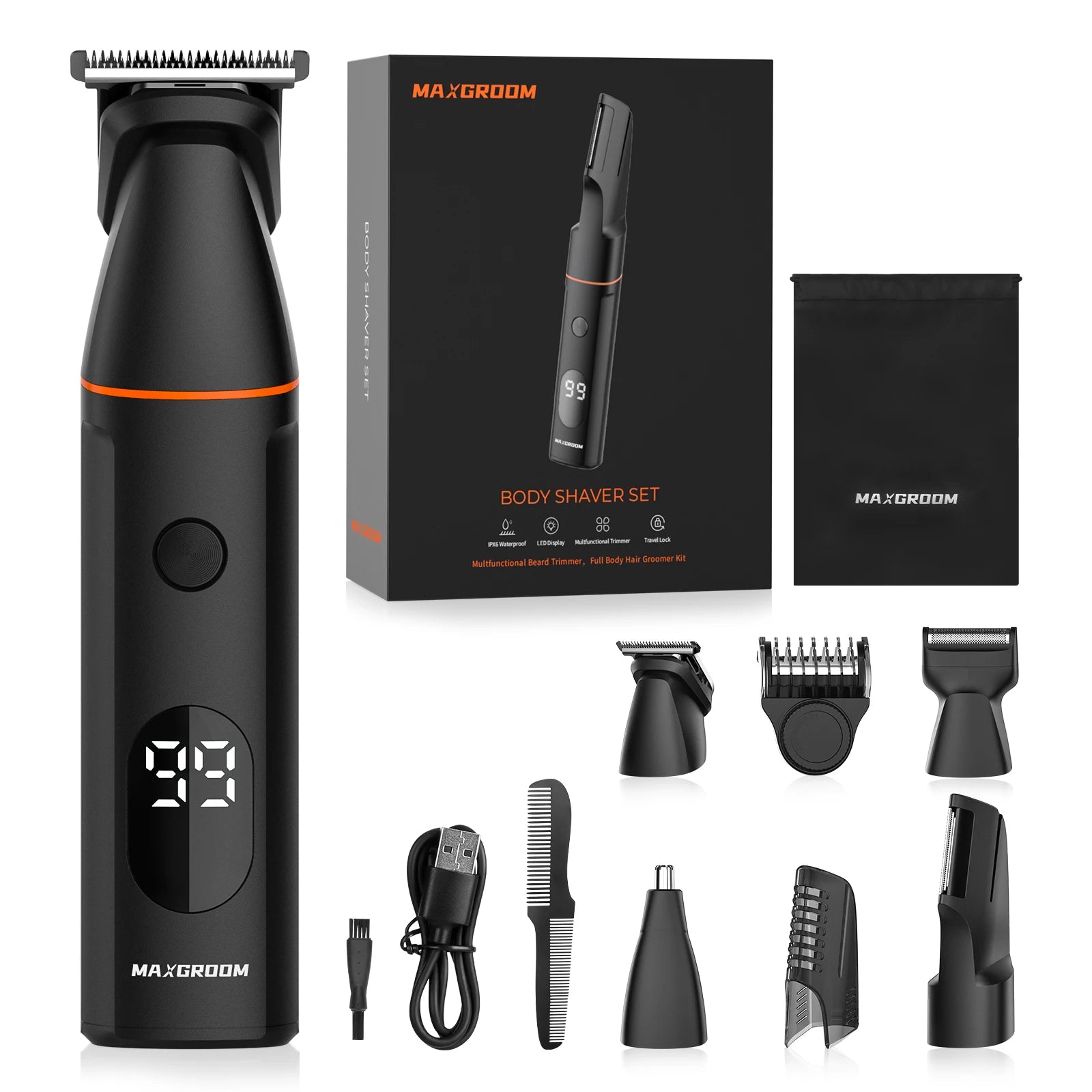 MAXGROOM Kit tondeuse à cheveux pour hommes rasoir pubien cheveux nez tondeuse à barbe électrique IPX6 étanche aine 4 en 1 rasoir pour homme
