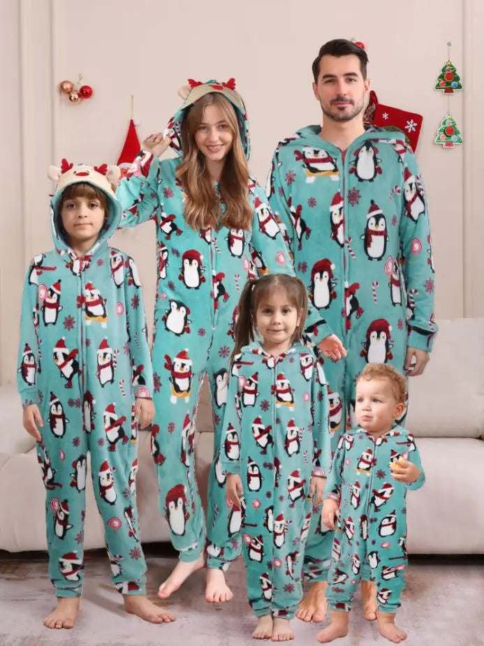 2025 hiver velours chaud doux pyjama famille vêtements de noël ensemble fermeture éclair à capuche combinaison épais ample une pièce costume Homewear Onesie
