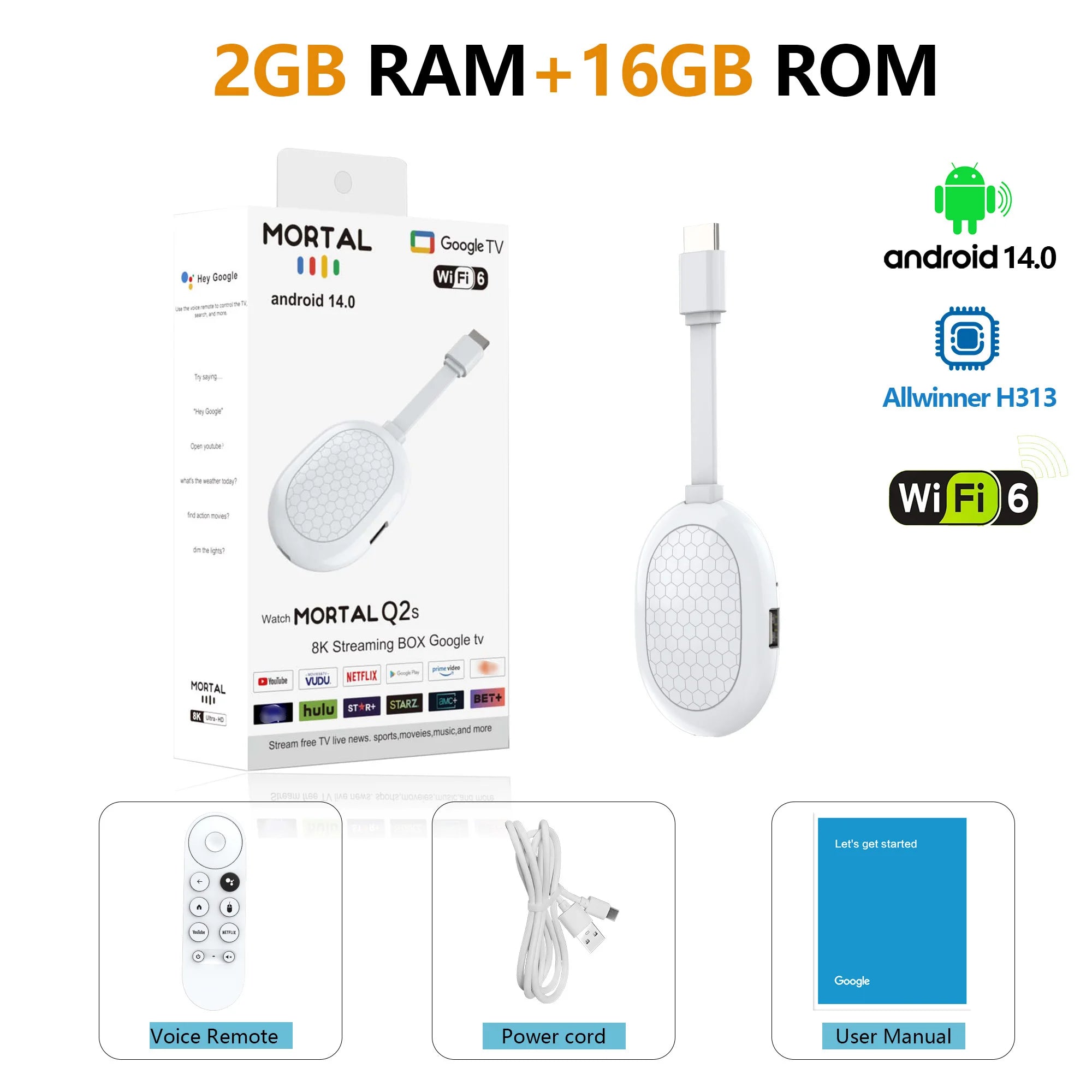 Clé TV intelligente Android 14 Allwinner H313 Mortal Q2S Chromecast Télécommande vocale WiFi 6 4K à 60 ips WiFi 6 Bluetooth 2 Go 8 Go 16 Go Streaming