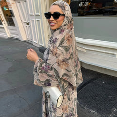 Luxury Dubai Women's Abaya Hijab Included Muslim Elegant Floral Print Pleated Open Long Sleeve Cardigan Caftan
