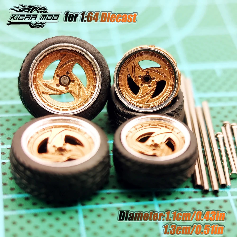 KicarHapp1/64-Jantes Métalliques ABS avec Caoutchouc pour Voiture Miniature, Pièces de Réaménagement Avant, Petite et Arrière