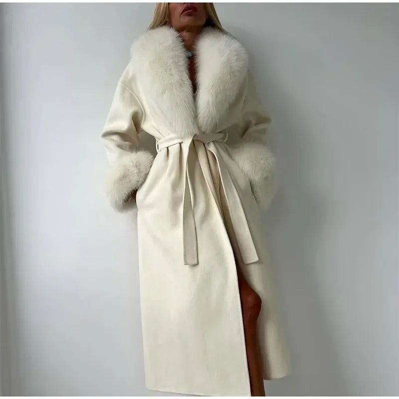 Manteau en laine pour femmes, Patchwork de fourrure solide, mode, manches longues, col en v, à lacets, pardessus Long ample, automne, bureau, vêtements d'extérieur pour dames