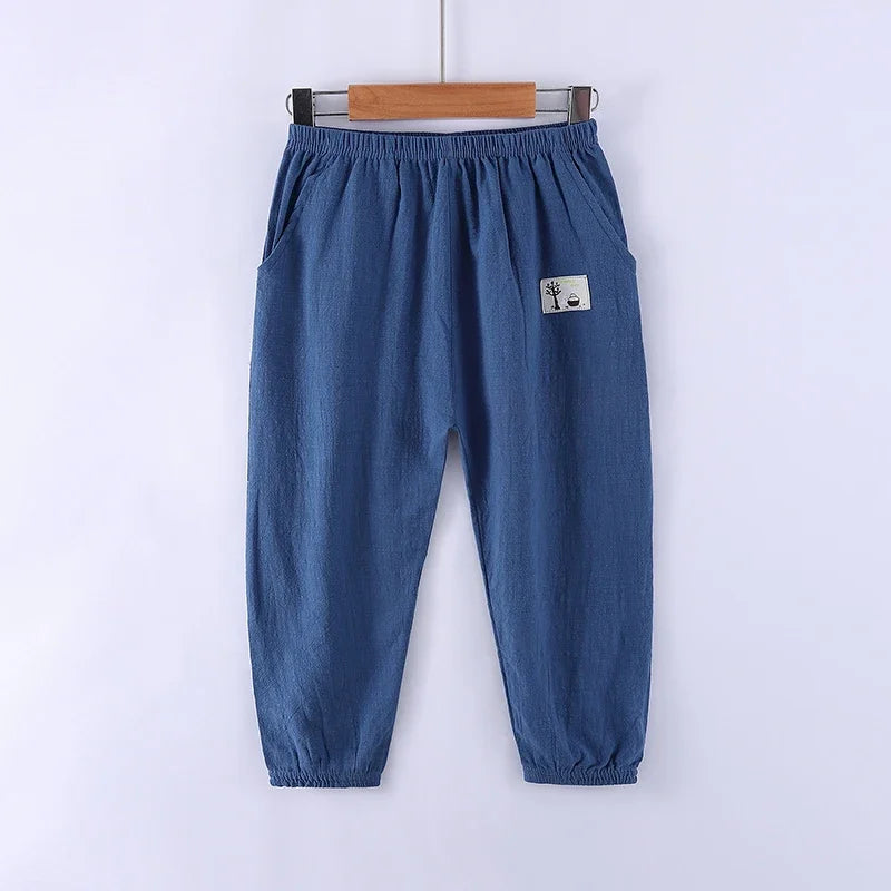Pantalons pour enfants pour garçons et filles, en coton et lin, taille élastique, couleur unie, pantalons moustiques d'été, vêtements pour enfants, pantalons longs 100-160cm