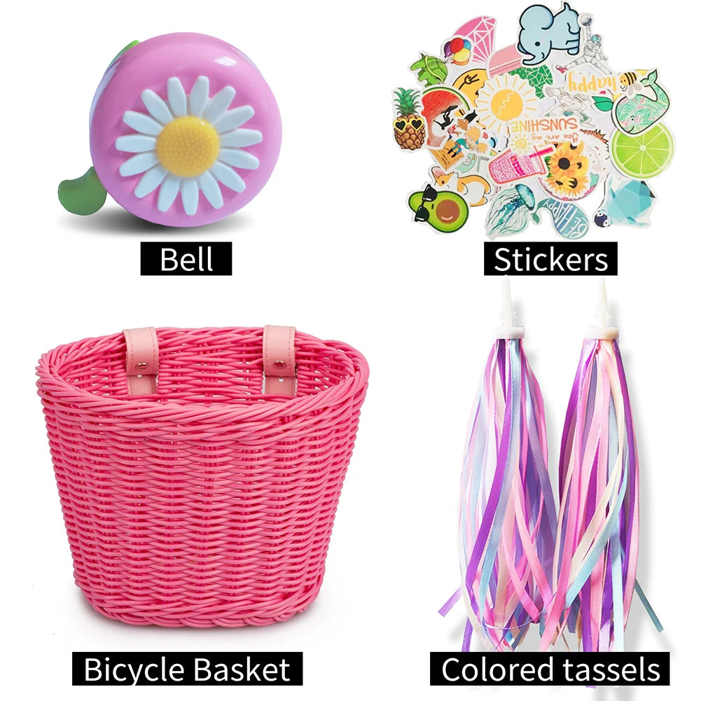 Mir de vélo en rotin tissé à la main pour enfants, ensemble de cloche, pompon, autocollants, guidon avant, accessoires de vélo