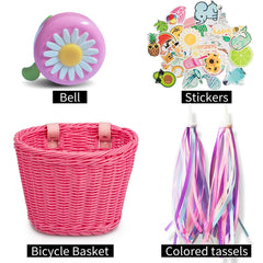 Mir de vélo en rotin tissé à la main pour enfants, ensemble de cloche, pompon, autocollants, guidon avant, accessoires de vélo