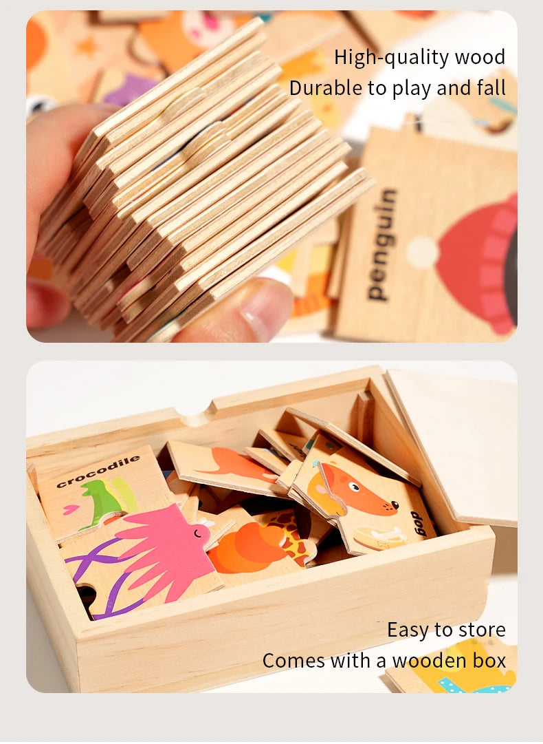 Puzzle assorti en forme d'animal de dessin animé pour enfants, planche de puzzle de cognition de mots anglais pour l'éducation précoce des bébés, jouet en bois