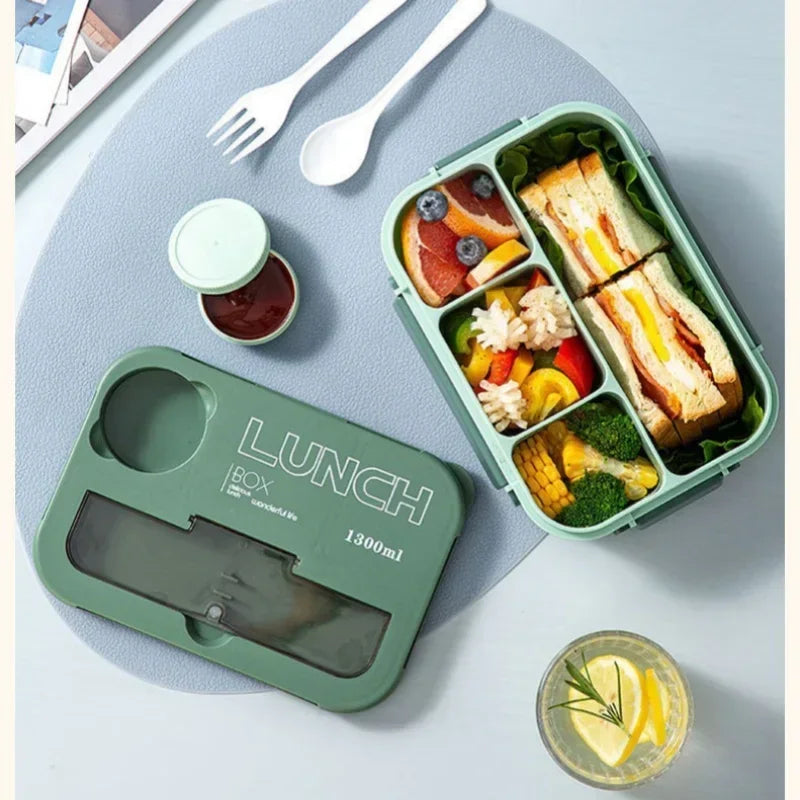 Boîte à déjeuner Portable à compartiment de 1300ML, boîte à Bento de bureau pour enfants étudiants avec fourchette et cuillère, récipient de stockage des aliments pour micro-ondes