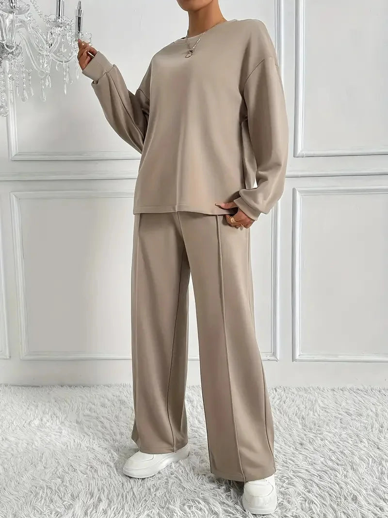 Ensemble deux pièces pour femmes, décontracté, col rond, manches longues, sweat-shirt, pantalon à jambes larges, costumes automne hiver, mode dames, tenue de bureau