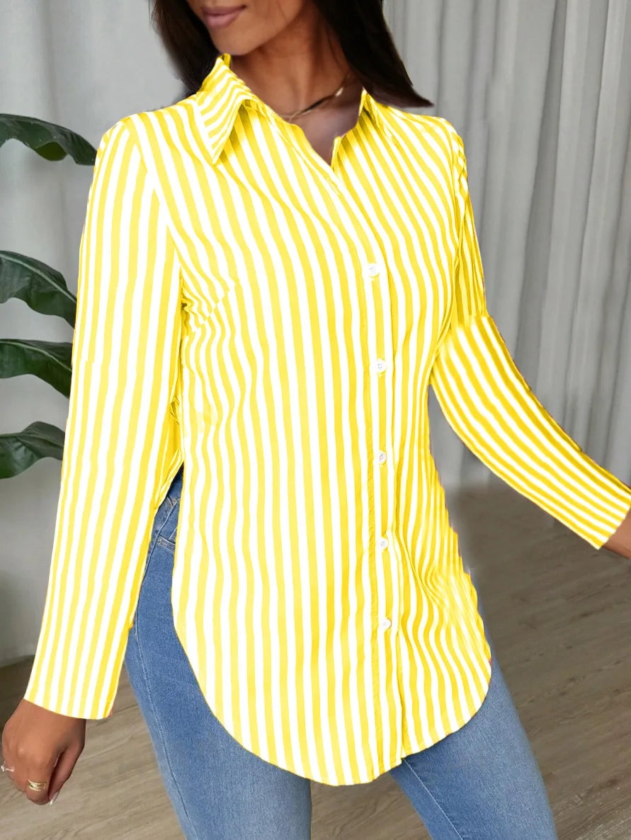 Chemise à manches longues rayée boutonnée pour femme avec col classique et ourlet incurvé - Hauts décontractés pour le bureau