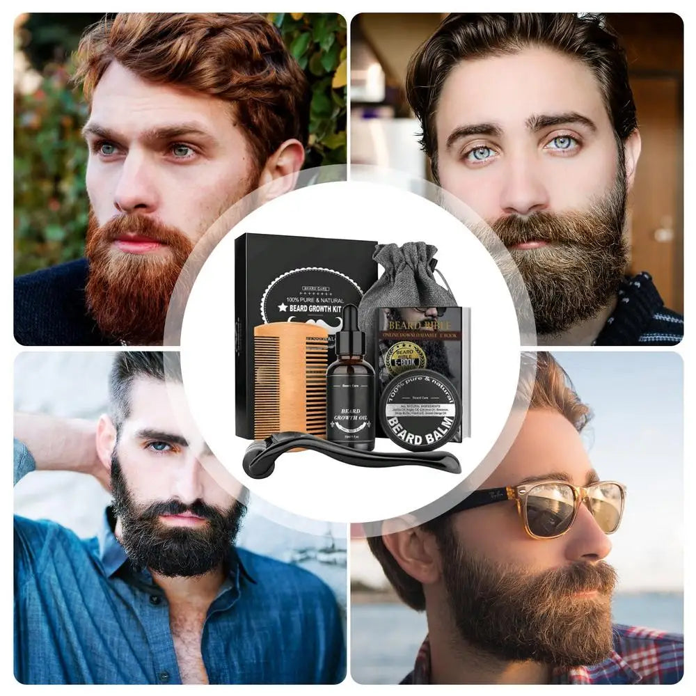 5 pièces hommes barbe Barba toilettage barbe ensemble barbe croissance huile hommes rehausseur de cheveux plus épais moustache toilettage barbe soin huile peigne sac