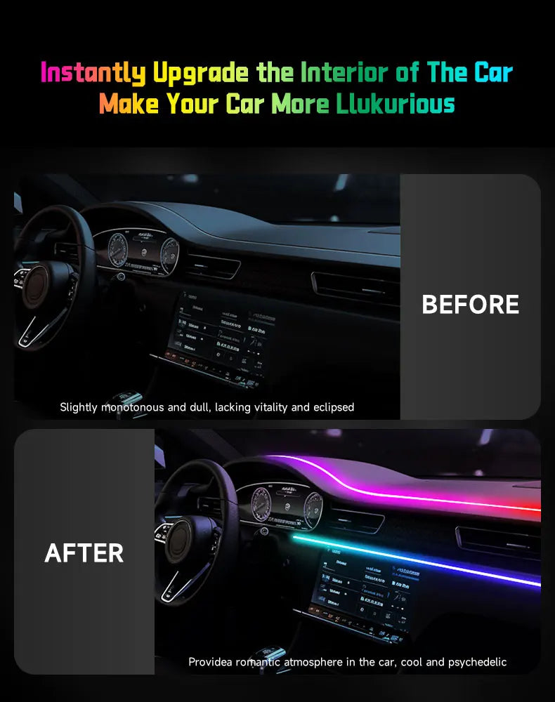 Lumière ambiante LED USB pour voiture, bandes acryliques 64 couleurs, RVB pleine couleur, intérieur de voiture, application cachée, télécommande, lampe de escale, 110cm
