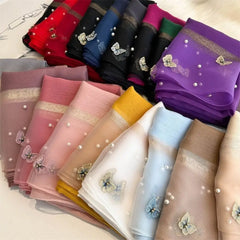 Grand Foulard Fin et Élégant avec Broderie Papillon, Châle Hijab de Luxe pour Femme
