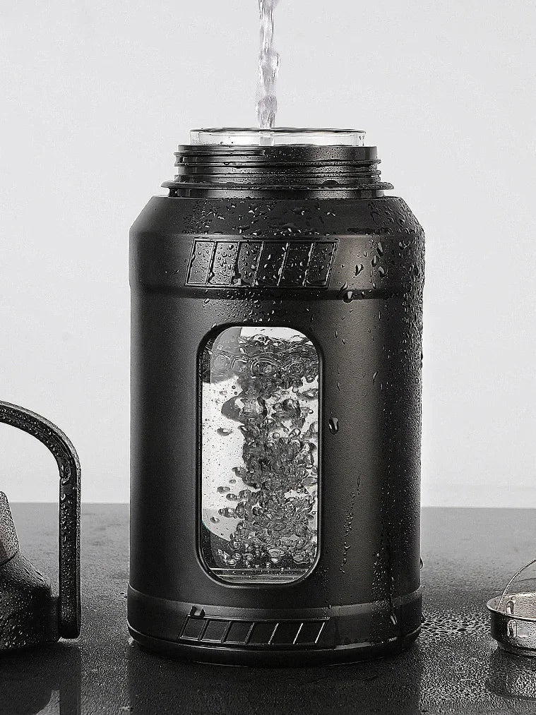Large capacity 2L glass water bottle with removable straw, high borosilicate glass water bottle with carrying handle for gym