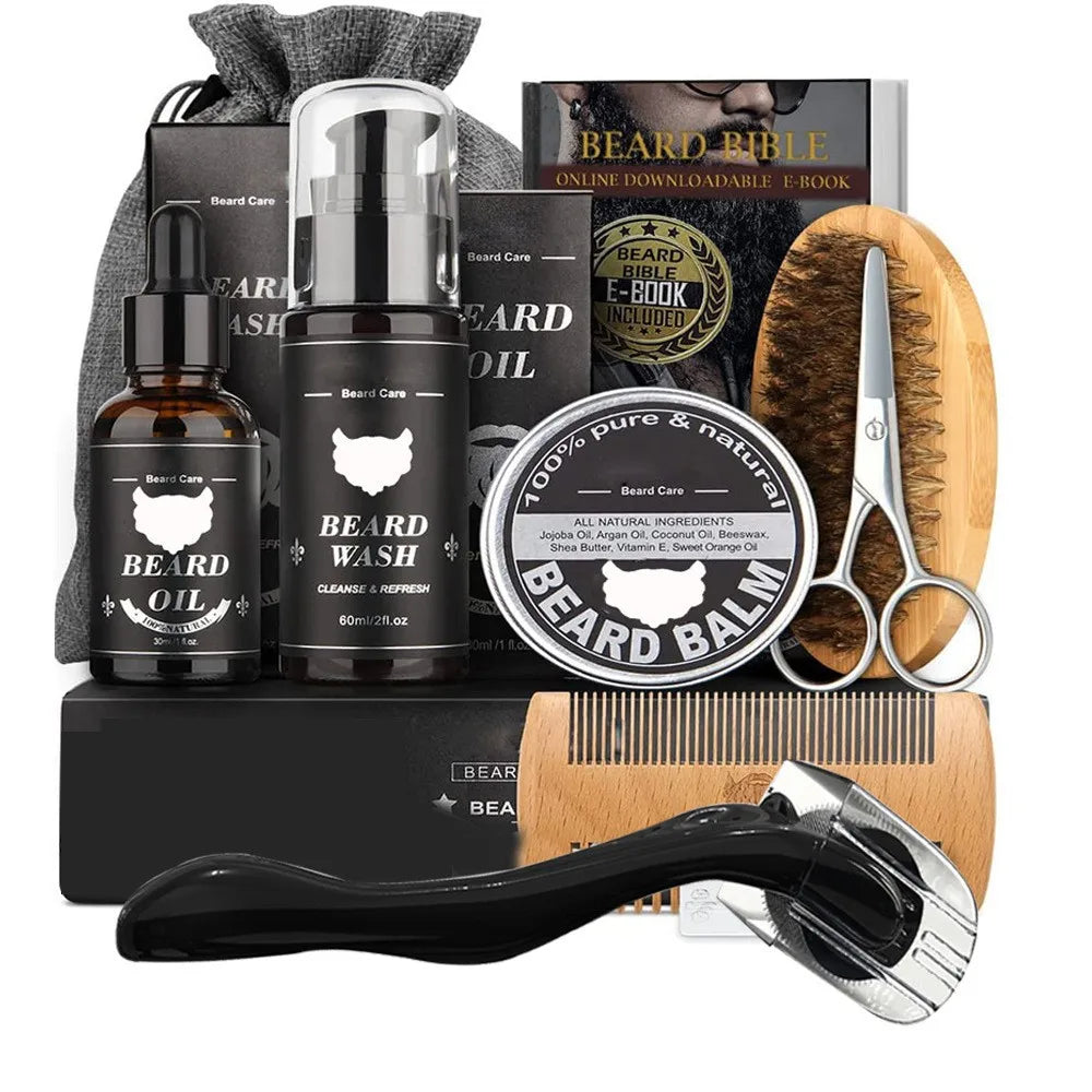 Ensemble complet de soins de barbe pour hommes, peigne à barbe, baume, peigne Double face avec rouleau, liquide de croissance de barbe, 5/7/8 pièces