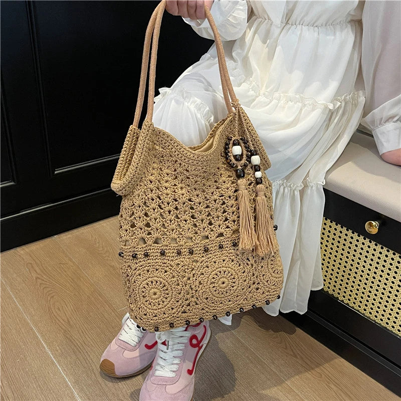 Sac à main tissé de grande capacité, sac à bandoulière ajouré, fourre-tout en Crochet, fourre-tout bohème tissé pour femmes, sacs de Shopping tricotés