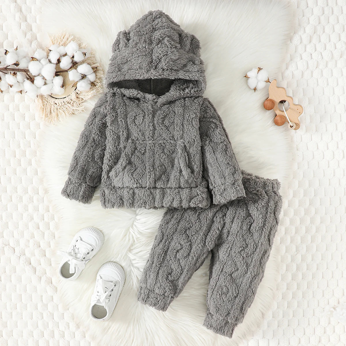 Baby fur hoodie with bear ears, solid color pants, elastic waistband, warm pocket, casual style, cute, warm, autumn, winter, 2 pieces