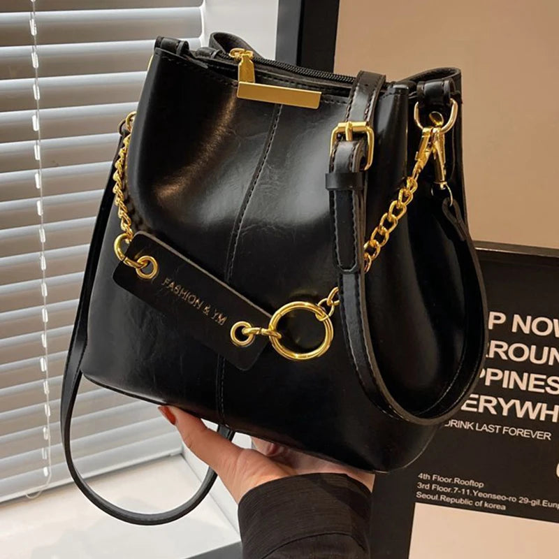 Women's PU leather chain bucket bag, Korean style handbag, shoulder bag, 2025 