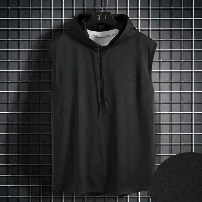 Hommes cravate col à capuche sans manches gilets mâle été ample solide Hip Hop t-shirt hauts