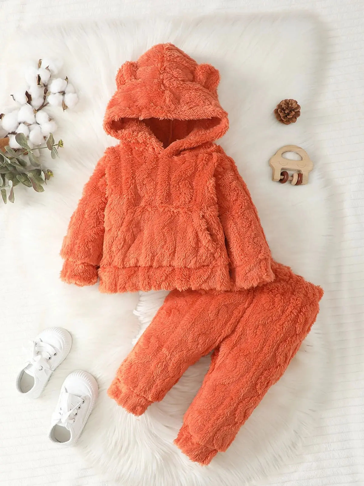 Baby fur hoodie with bear ears, solid color pants, elastic waistband, warm pocket, casual style, cute, warm, autumn, winter, 2 pieces