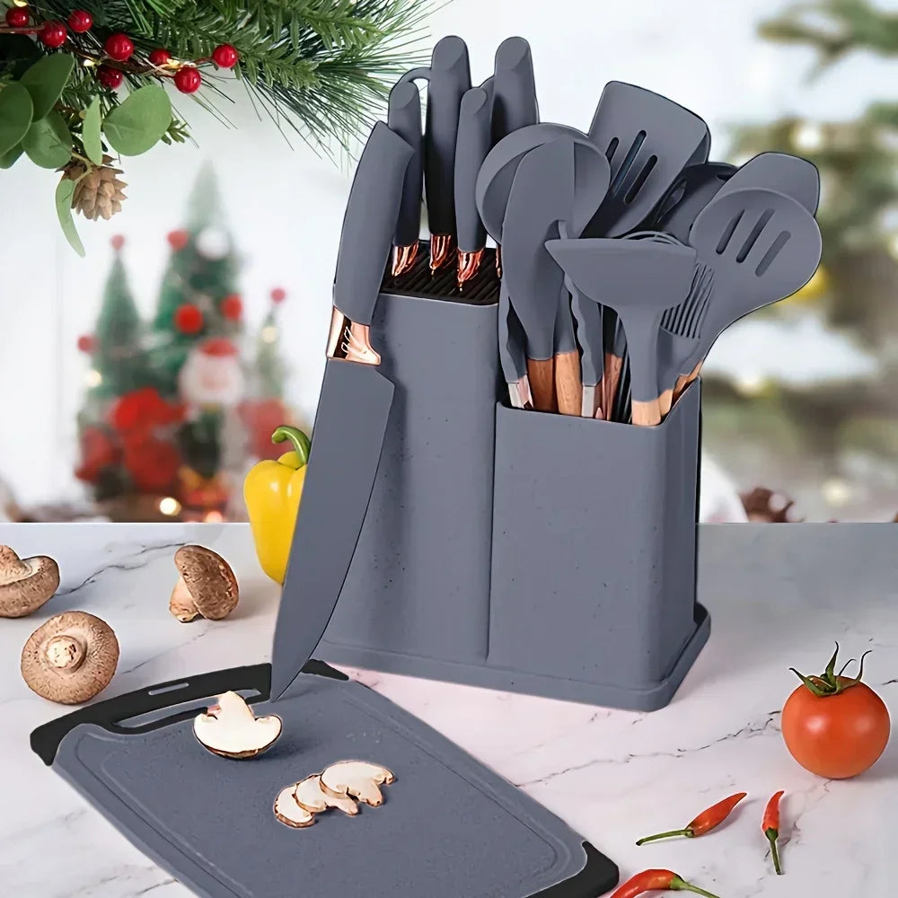 Ensemble d'ustensiles de cuisine antiadhésifs en Silicone, 19 pièces, avec couteaux, outils résistants à la chaleur dans un rangement en bambou, parfait pour la cuisine