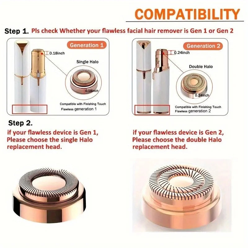 Replacement heads for facial hair removal, for a flawless finish, touch-sensitive facial hair removal tool for women, 4-point view