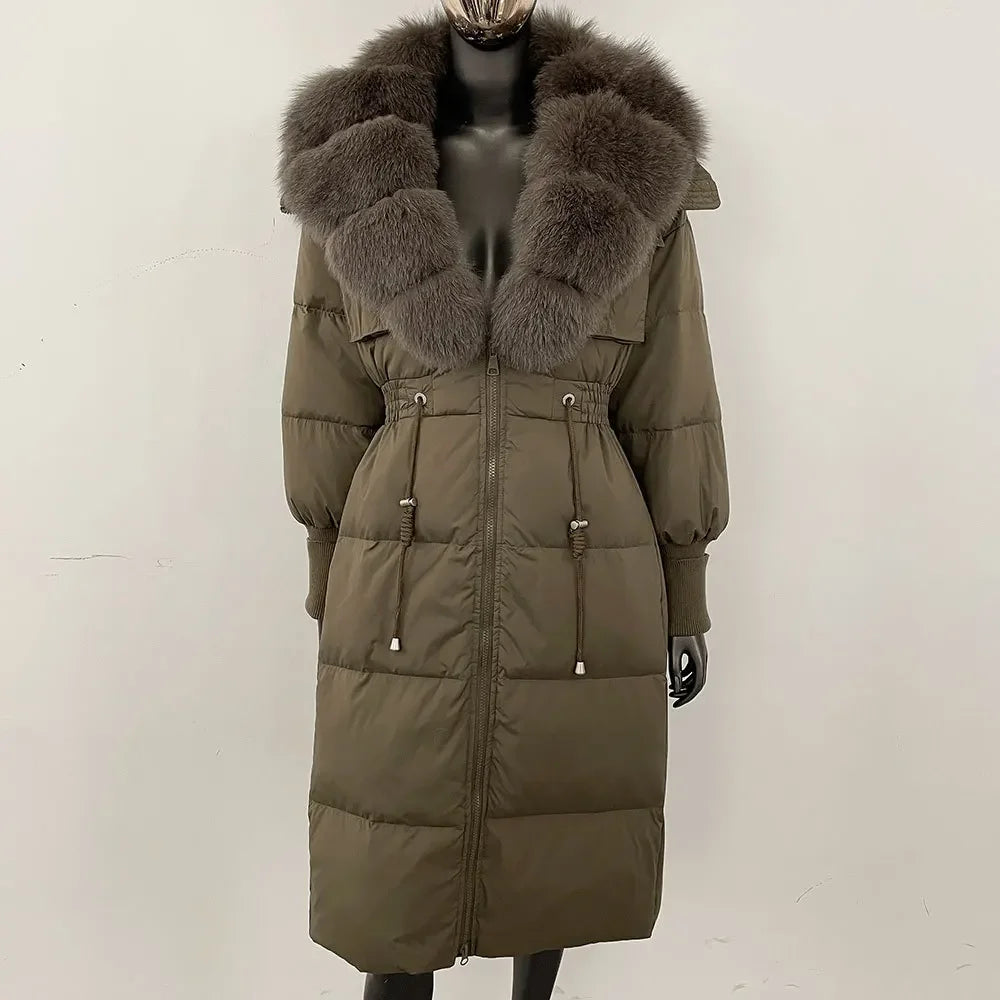 Doudoune longue avec col en fourrure pour femme, pardessus en fourrure de renard, longueur aux genoux, à la mode, chaude, cintrée à la taille, vêtements d'extérieur amincissants