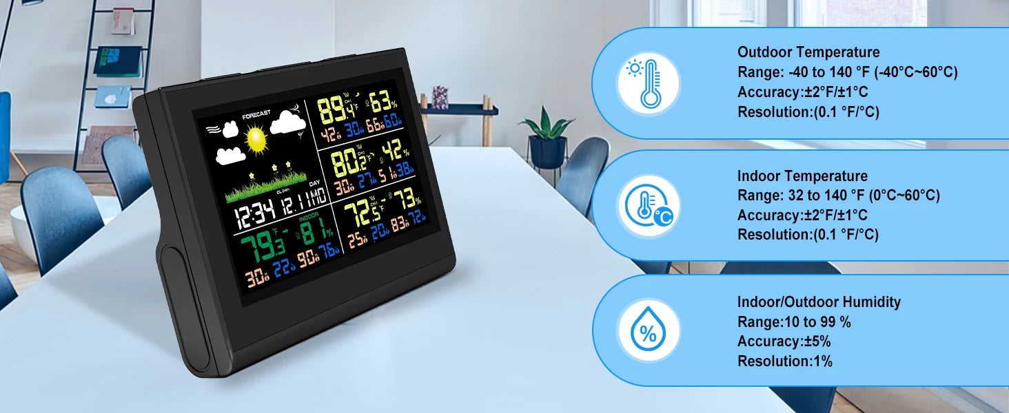Station météo intelligente sans fil avec 3 capteurs, grand écran couleur, thermomètre et hygromètre numérique intérieur et extérieur pour le bureau et la maison