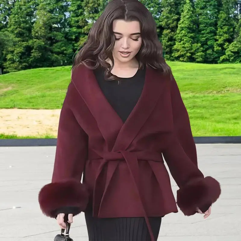 Manteau Long à lacets pour femme, manteau de bureau élégant en laine, fourrure, Patchwork, manches longues, vestes Cardigan amples, nouvelle collection 2025