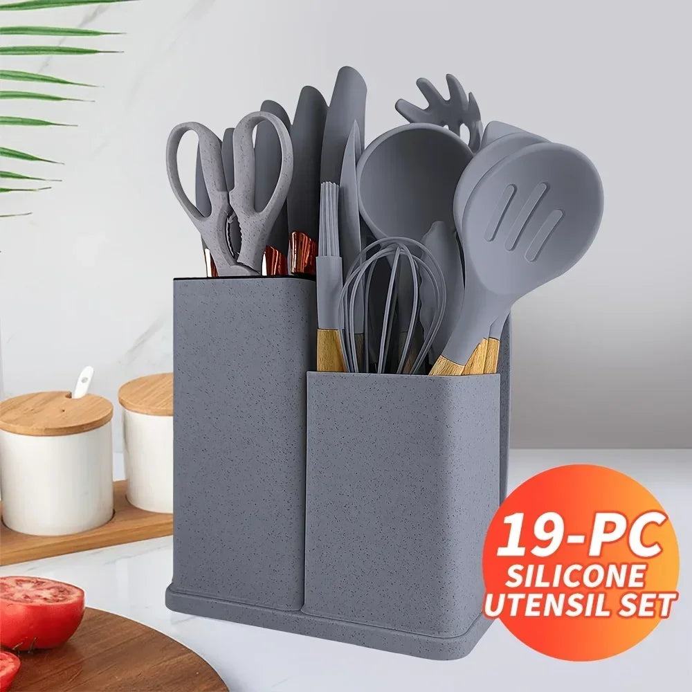 Ensemble d'ustensiles de cuisine antiadhésifs en Silicone, 19 pièces, avec couteaux, outils résistants à la chaleur dans un rangement en bambou, parfait pour la cuisine