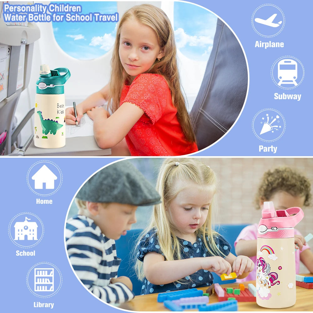 400ML enfants bouteille d'eau dessin animé Animal tasse pour enfants avec paille en acier inoxydable flaques sous vide bouteille Thermos tasse thermique tasses
