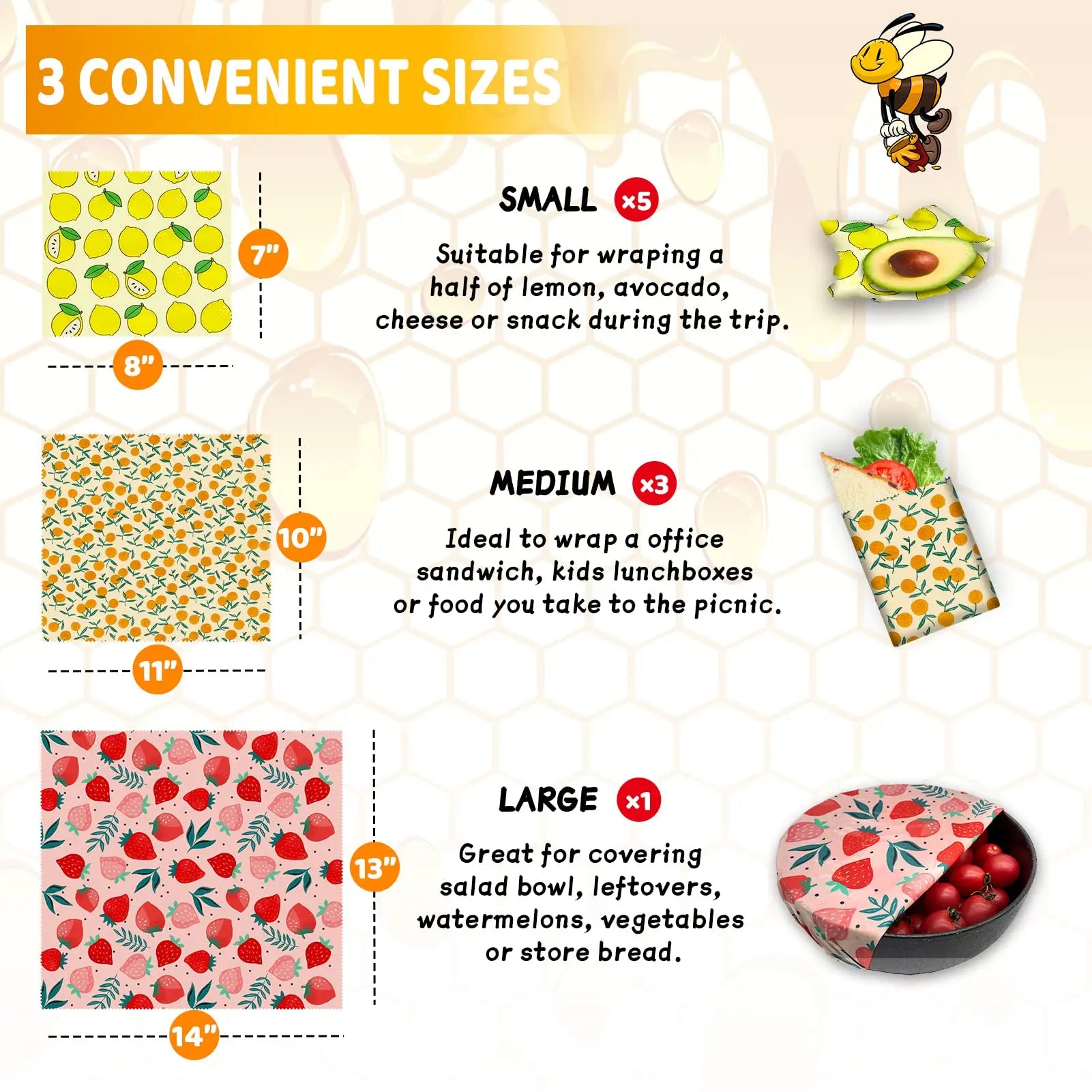 Beeswax Food Wrap 3-Piece Set, Reusable Eco-Friendly Organic Cotton Wax Fabric, Household Plastic Wrap Replacement, Washable Lemon Pattern