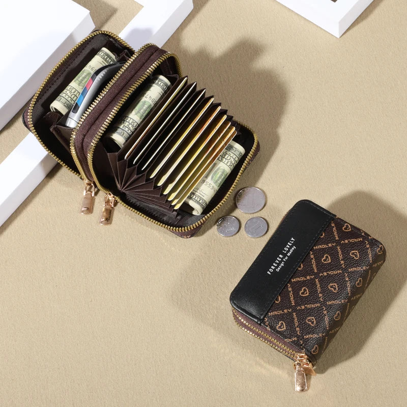 Mini faux leather wallet with double zipper, compact classic pouch, multiple card slots, matching pocket, RFID protection, chic 