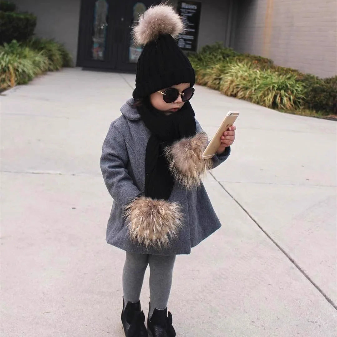 Parent-enfant chapeaux d'hiver mignon bébé fourrure Pompon chapeau écharpe ensembles réel naturel fourrure boule casquettes mère enfants chaud tricoté chapeaux hiver Bea