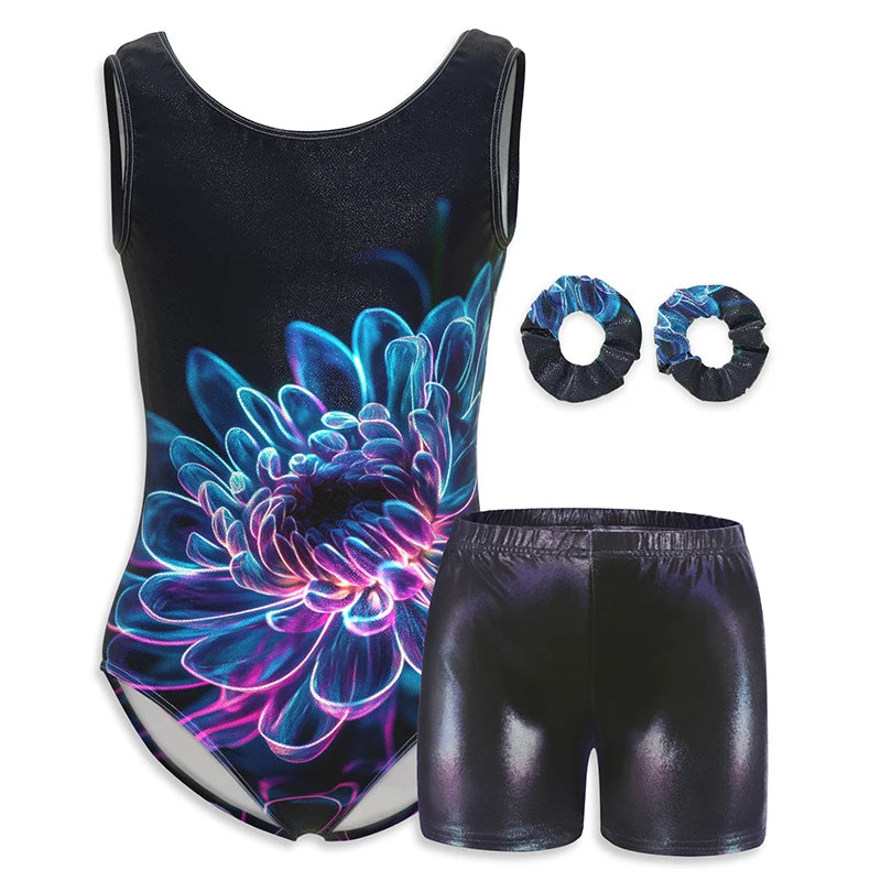 Justaucorps de gymnastique pour filles, vêtements de danse pour enfants avec short assorti, bandeau pour enfants