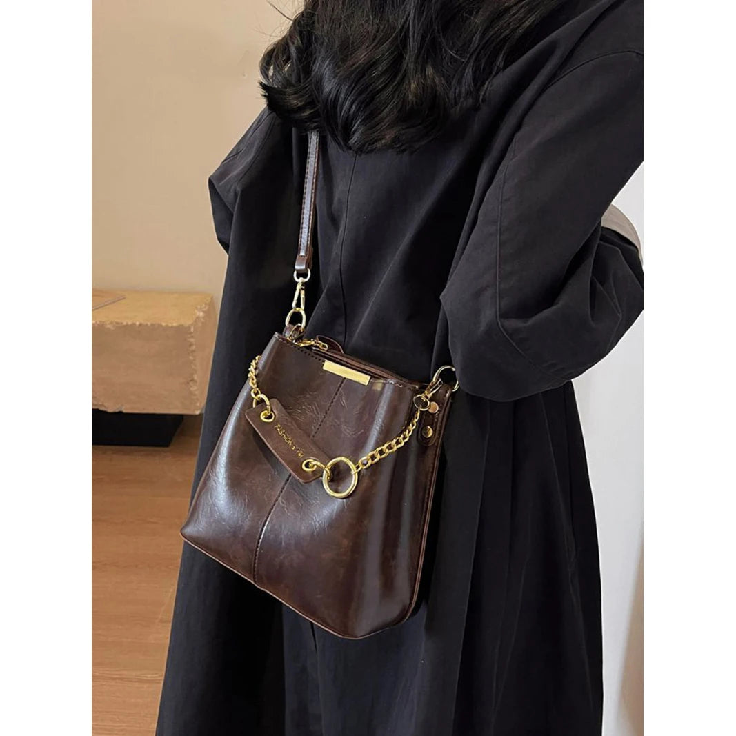 Women's PU leather chain bucket bag, Korean style handbag, shoulder bag, 2025 