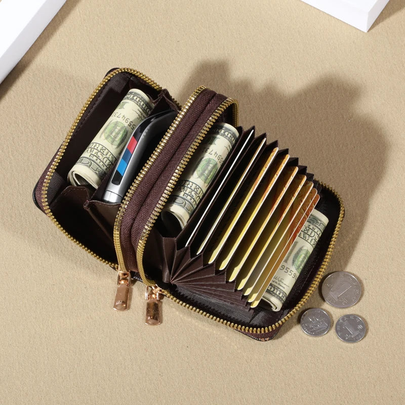 Mini faux leather wallet with double zipper, compact classic pouch, multiple card slots, matching pocket, RFID protection, chic 