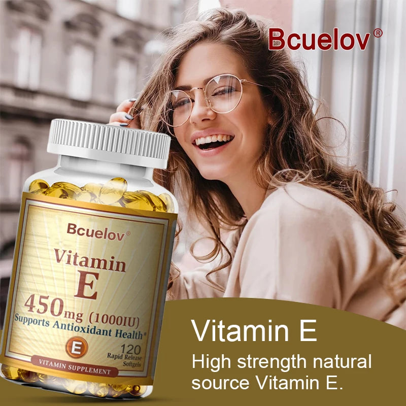 Bcuelov Vitamine E 1000 IU 450mg - pour la peau, les cheveux, la santé circulataire, le support du système immunitaire - supplément antioxydant