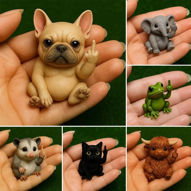 Funny Middle Finger Animal Statue, Mini Dog and Cat Figurine, Resin Desk Ornament, Highland Cattle Frog Sculpture for Office and Home