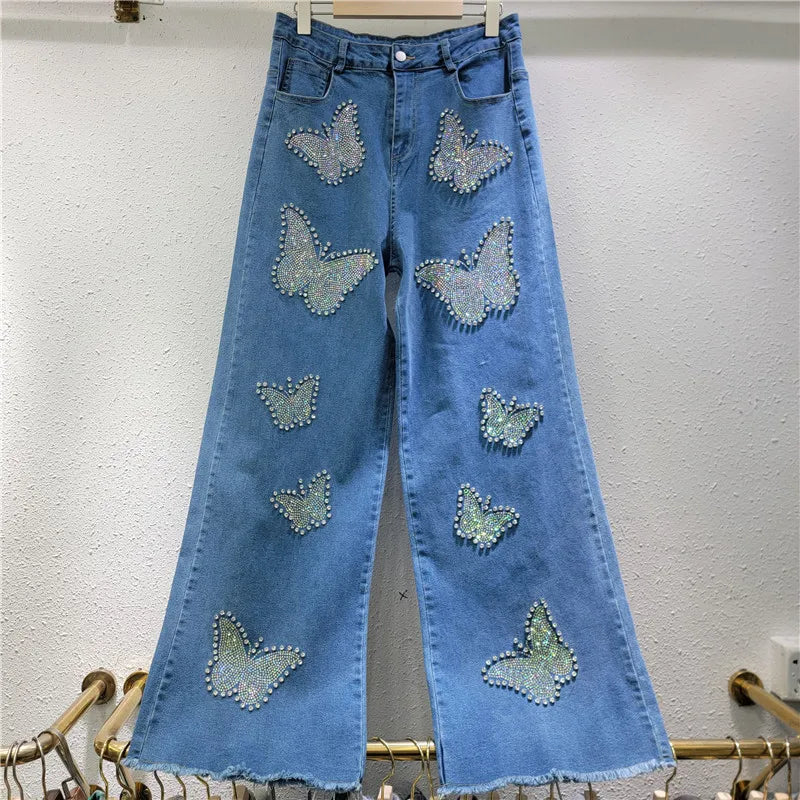 Women's high-waisted elastic jeans, floor-length pants, baggy pants, diamond beads, butterfly, wide leg, warm, casual, spring, autumn, new, 2025