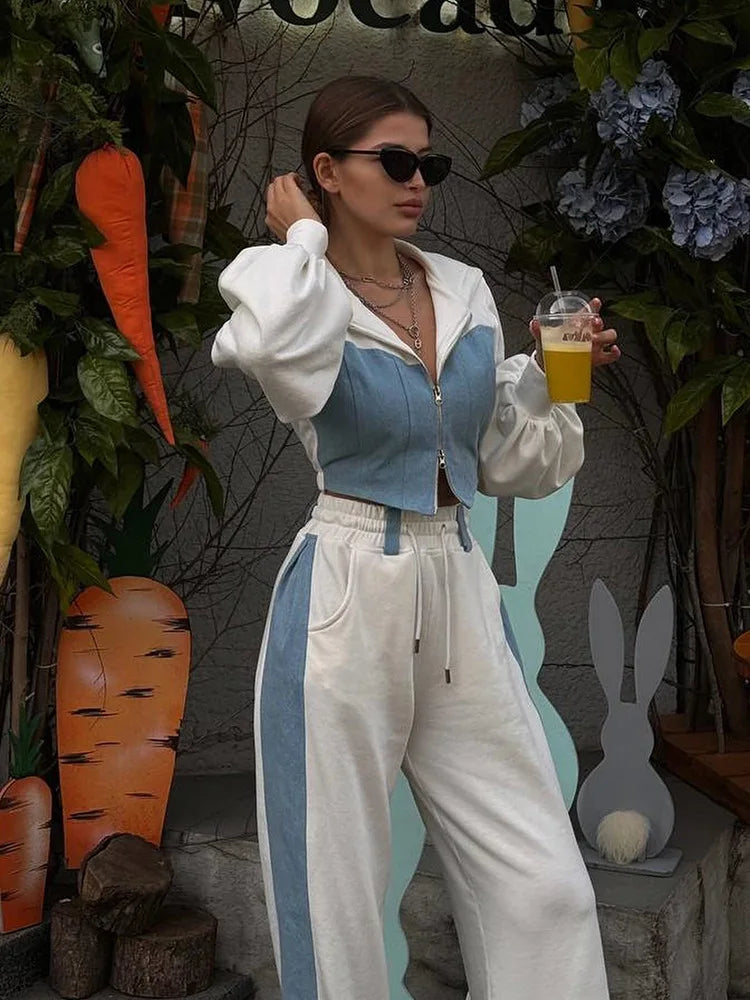 Ensemble 2 pièces en denim patchwork pour femmes, tenue décontractée, sweats à capuche minces, haut court, pantalon de survêtement à jambes larges, streetwear imbibé, survêtements à la mode