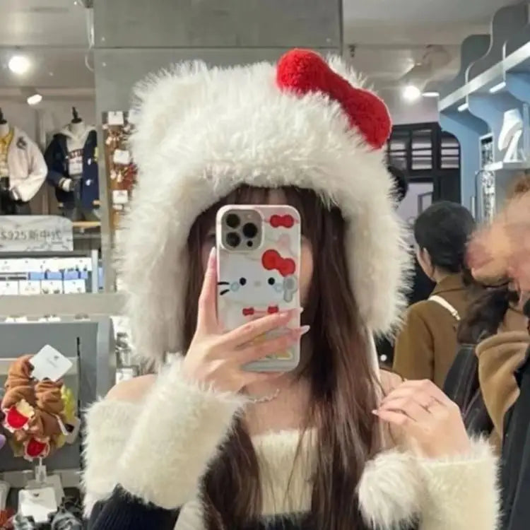 Chapeau seau mignon Hello Kitty avec cordon réglable, chapeau d'hiver à la mode, coupe-vent, matériau épais, casquette Streetwear Kawaii pour fille