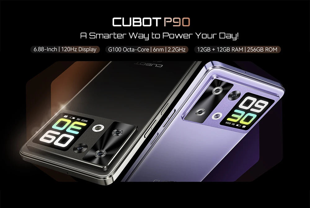 Smartphone Android 15 Cubot P90, écran 6,88 pouces 120 Hz, 24 Go  RAM (12 + 12 Go étendus), 256 Go ROM, processeur G100 Octa-core 2,2 GHz, appareil photo 64 MP, 5100 mAh, NFC, double haut-parleur, telephone portable 4G