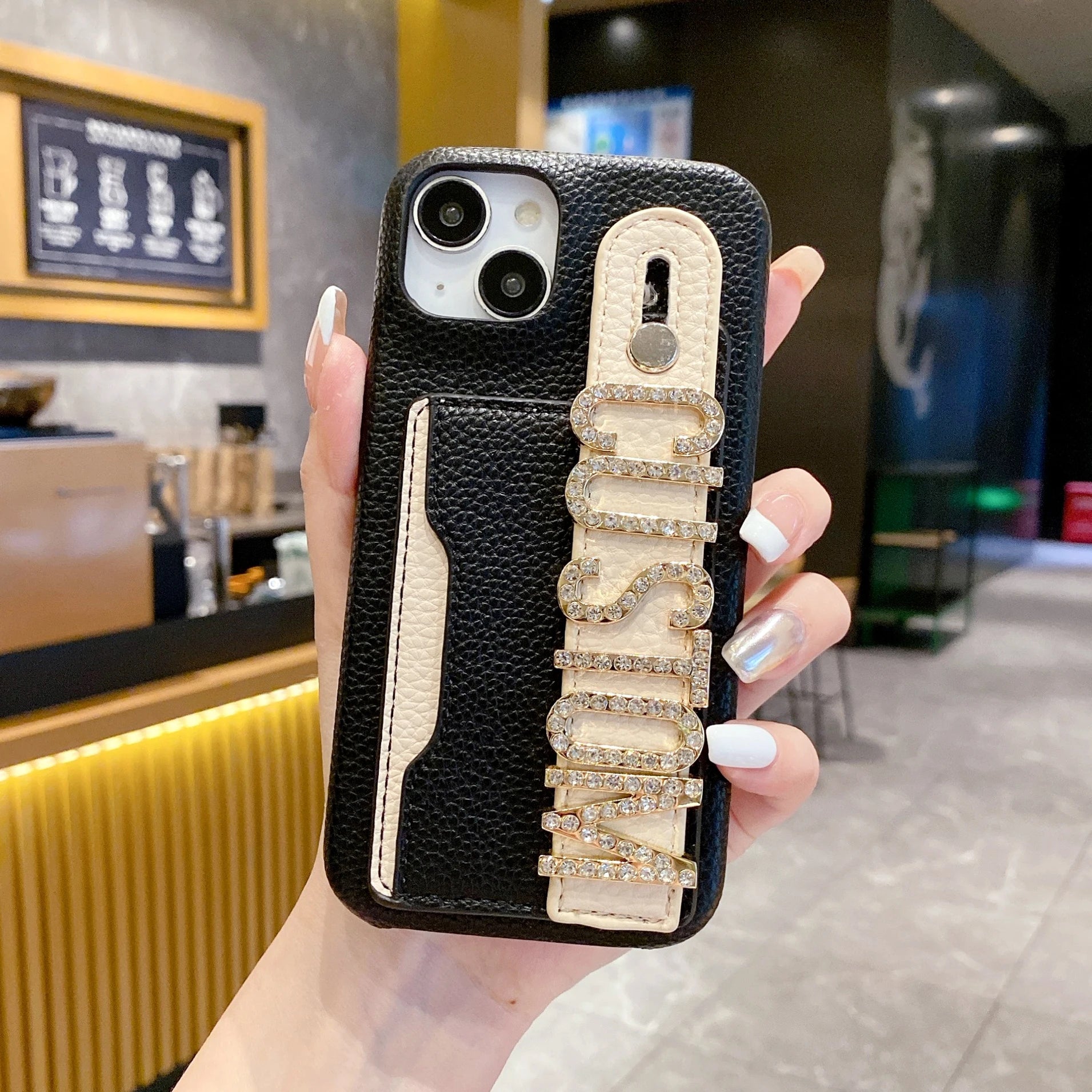 Étui de téléphone en cuir personnalisé avec nom de lettre, porte-carte de bracelet personnalisé, iPhone 16, 15, 14, 13, 12, 11Pro Max, 16Plus