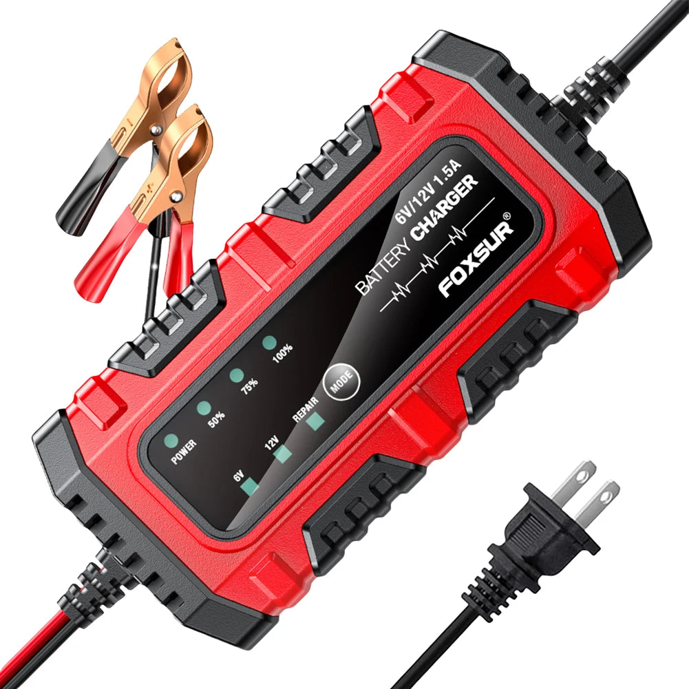 6V 12V 1.5A Electric Car Battery Charger, for Electric Motorcycles, Smart, for Car, Truck, Boat, SUV, AGM GEL Lead-Acid Batteries