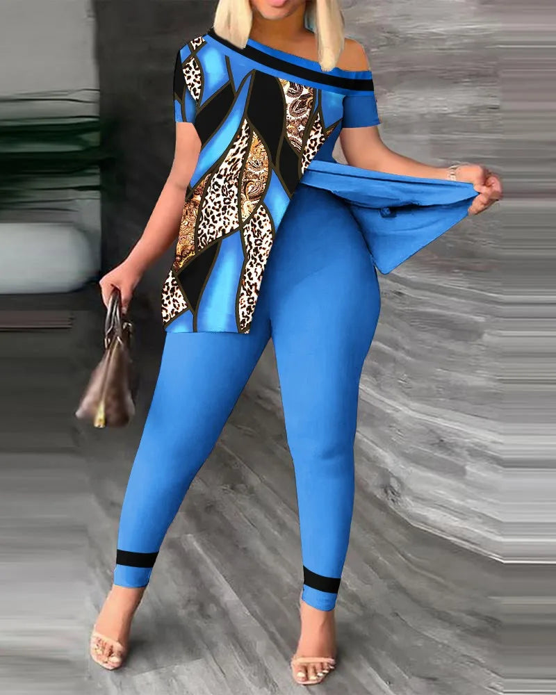 Women's Printed 2 Piece Set, Irregular Slanted Collar Split Top Short Sleeve Long Pants Colorful Outfit Fashion Women Pant Suit